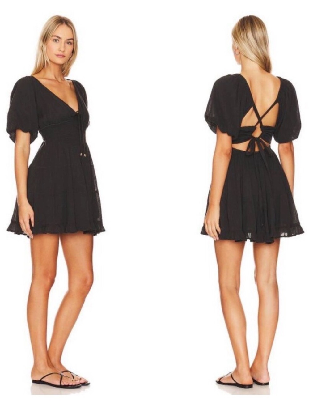 Free People Black Puff-Sleeve Mini Dress with Open Back Tie